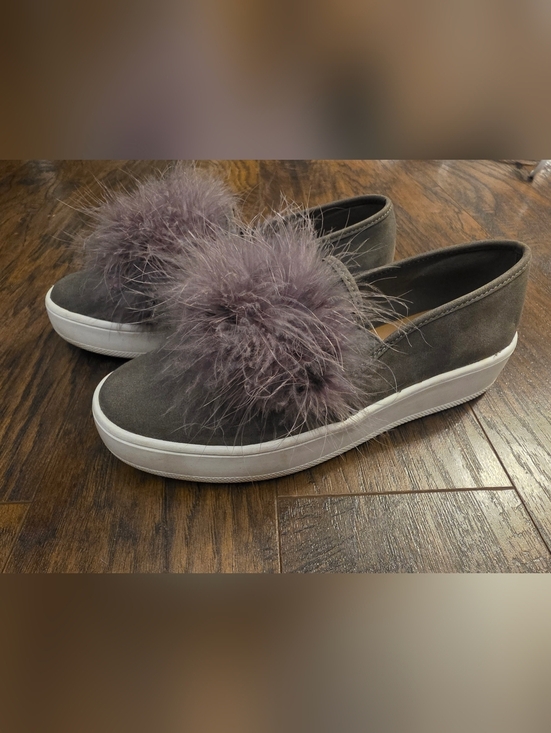 Soda Shoes - Soda Gray Suede Slip-On Mules with Purple Pom